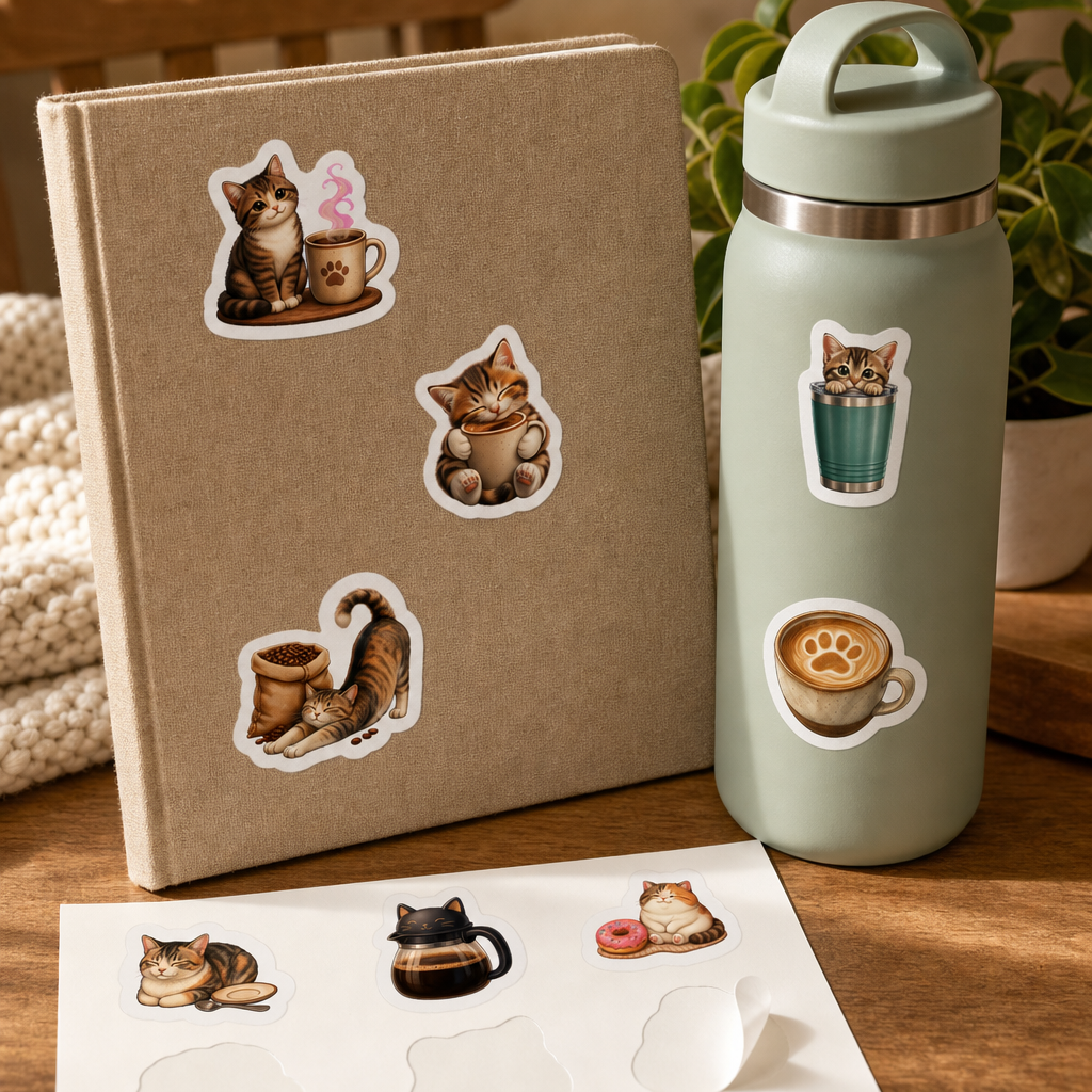 Cat Lover Sticker Sheets Cat Lover Sticker Sheets - Sheet 03 - Cat Coffee Break stickers styling a journal cover and water bottle