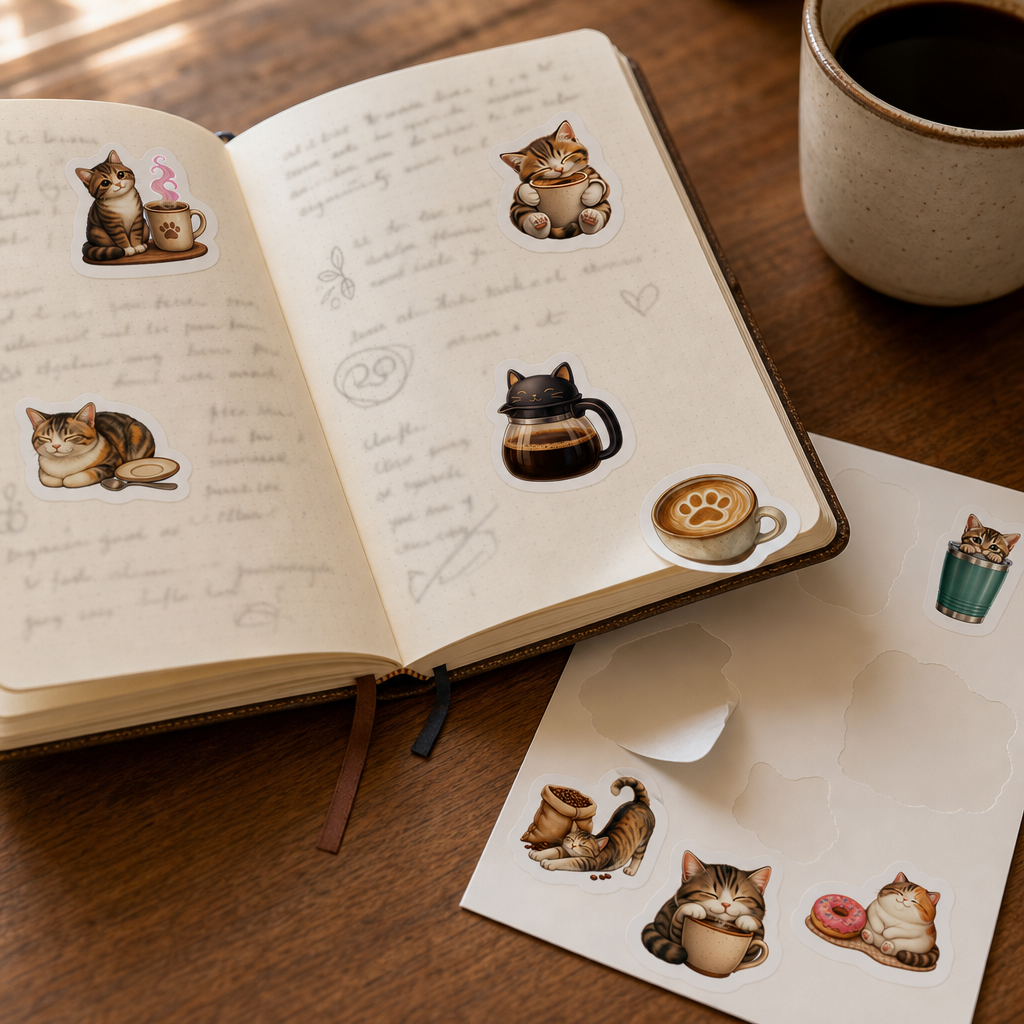 Cat Lover Sticker Sheets Cat Lover Sticker Sheets - Sheet 03 - Cat Coffee Break stickers decorating a handwritten journal spread