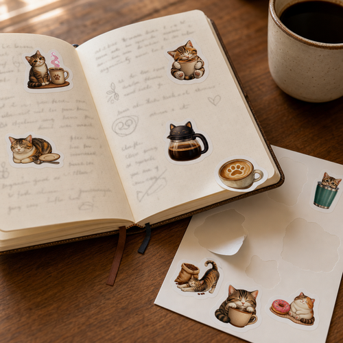 Cat Lover Sticker Sheets Cat Lover Sticker Sheets - Sheet 03 - Cat Coffee Break stickers decorating a handwritten journal spread