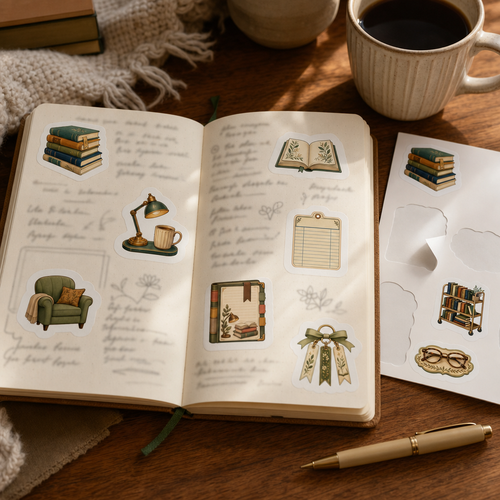 Bookish Reading Sticker Sheets Bookish Reading Sticker Sheets - Sheet 02 - Bookish Reading stickers decorating a handwritten journal spread
