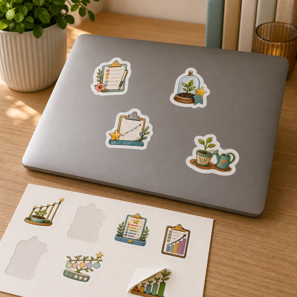 Teacher Planner Sticker Sheets Teacher Planner Sticker Sheets - Sheet 09 - Goal Tracking stickers applied to a laptop lid on a study desk