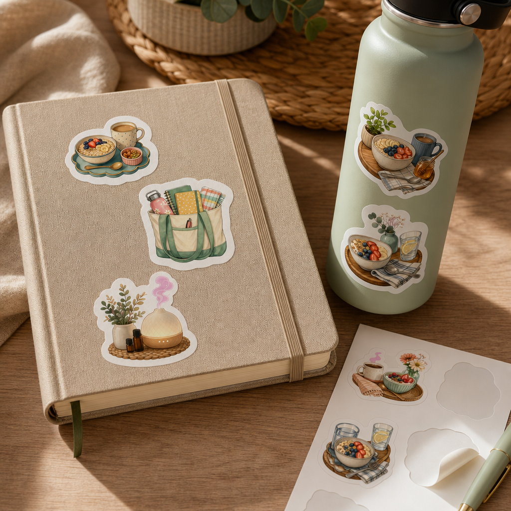 Teacher Planner Sticker Sheets Teacher Planner Sticker Sheets - Sheet 06 - Morning Routine stickers styling a journal cover and water bottle