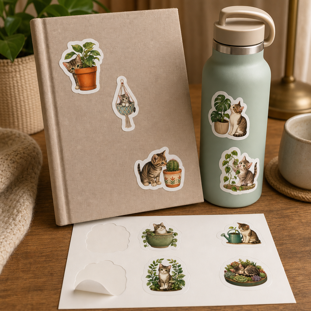 Cat Lover Sticker Sheets Cat Lover Sticker Sheets - Sheet 04 - Cats And Houseplants stickers styling a journal cover and water bottle