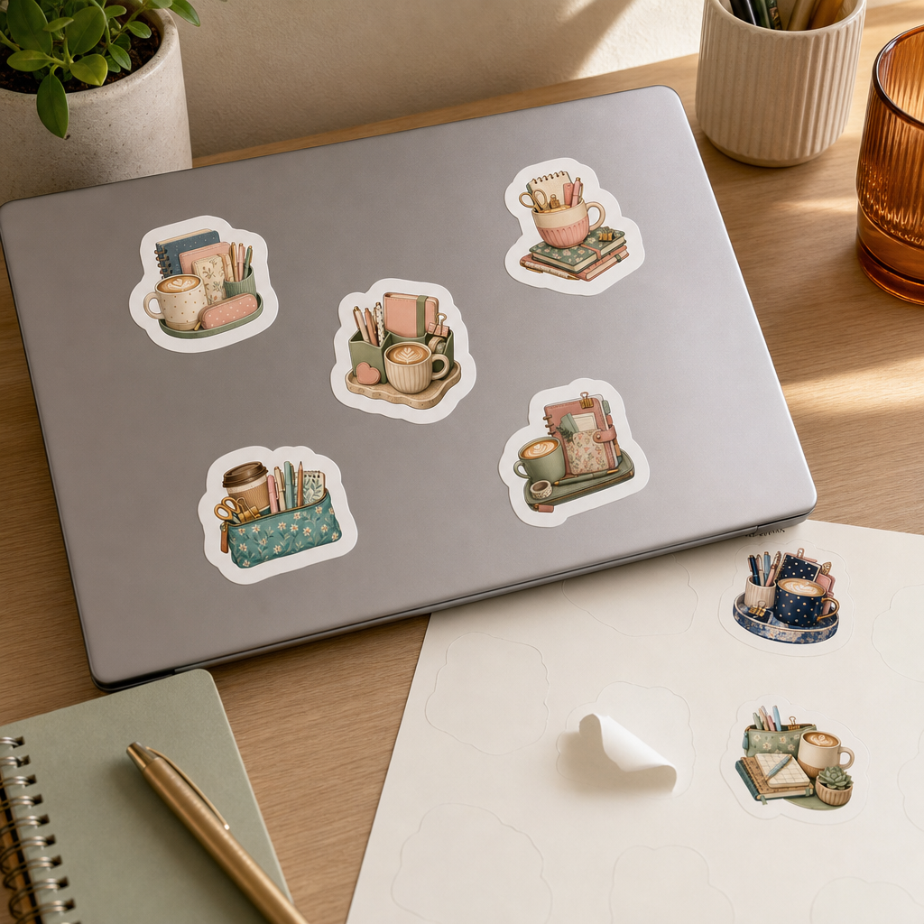 Teacher Planner Sticker Sheets Teacher Planner Sticker Sheets - Sheet 08 - Coffee And Stationery stickers applied to a laptop lid on a study desk