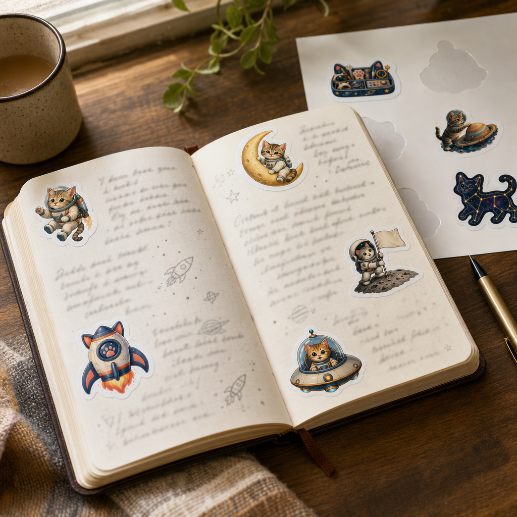 Cat Lover Sticker Sheets Cat Lover Sticker Sheets - Sheet 06 - Space Explorer Cats stickers decorating a handwritten journal spread