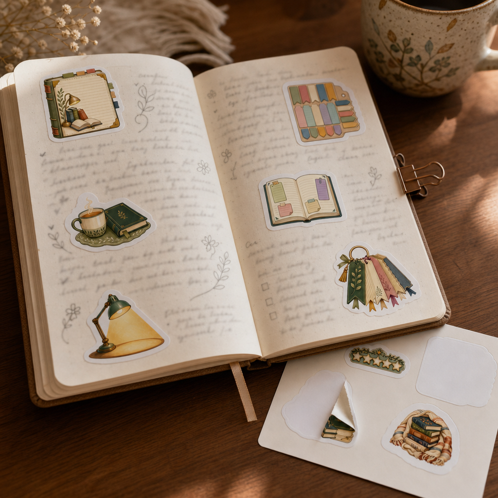 Bookish Reading Sticker Sheets Bookish Reading Sticker Sheets - Sheet 09 - Reading Journal stickers decorating a handwritten journal spread