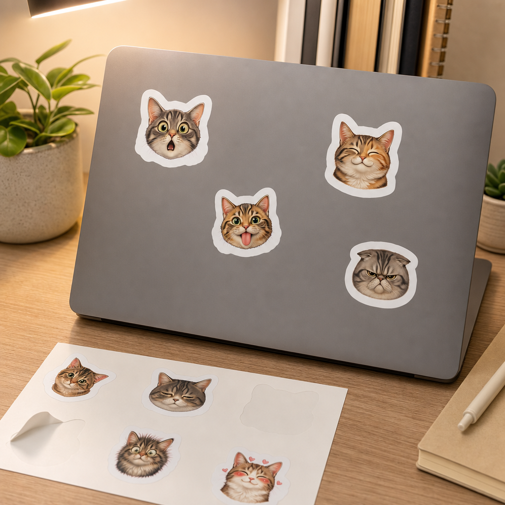 Cat Lover Sticker Sheets Cat Lover Sticker Sheets - Sheet 07 - Cat Expressions stickers applied to a laptop lid on a study desk