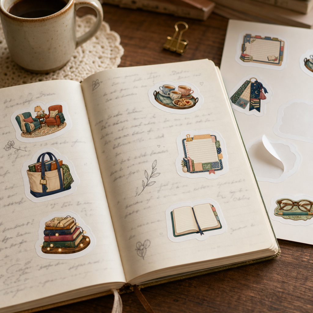 Bookish Reading Sticker Sheets Bookish Reading Sticker Sheets - Sheet 10 - Book Club Night stickers decorating a handwritten journal spread