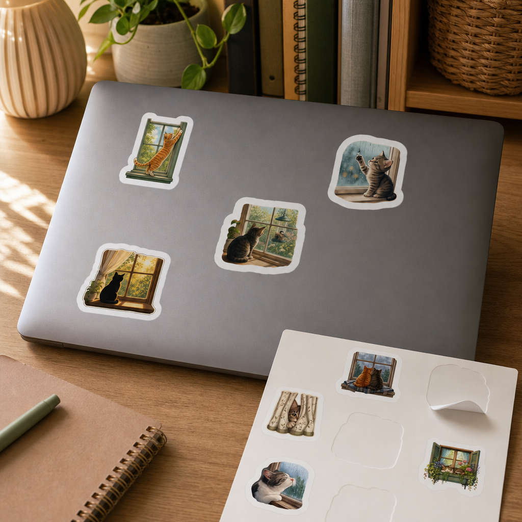 Cat Lover Sticker Sheets Cat Lover Sticker Sheets - Sheet 09 - Window Watching Cats stickers applied to a laptop lid on a study desk