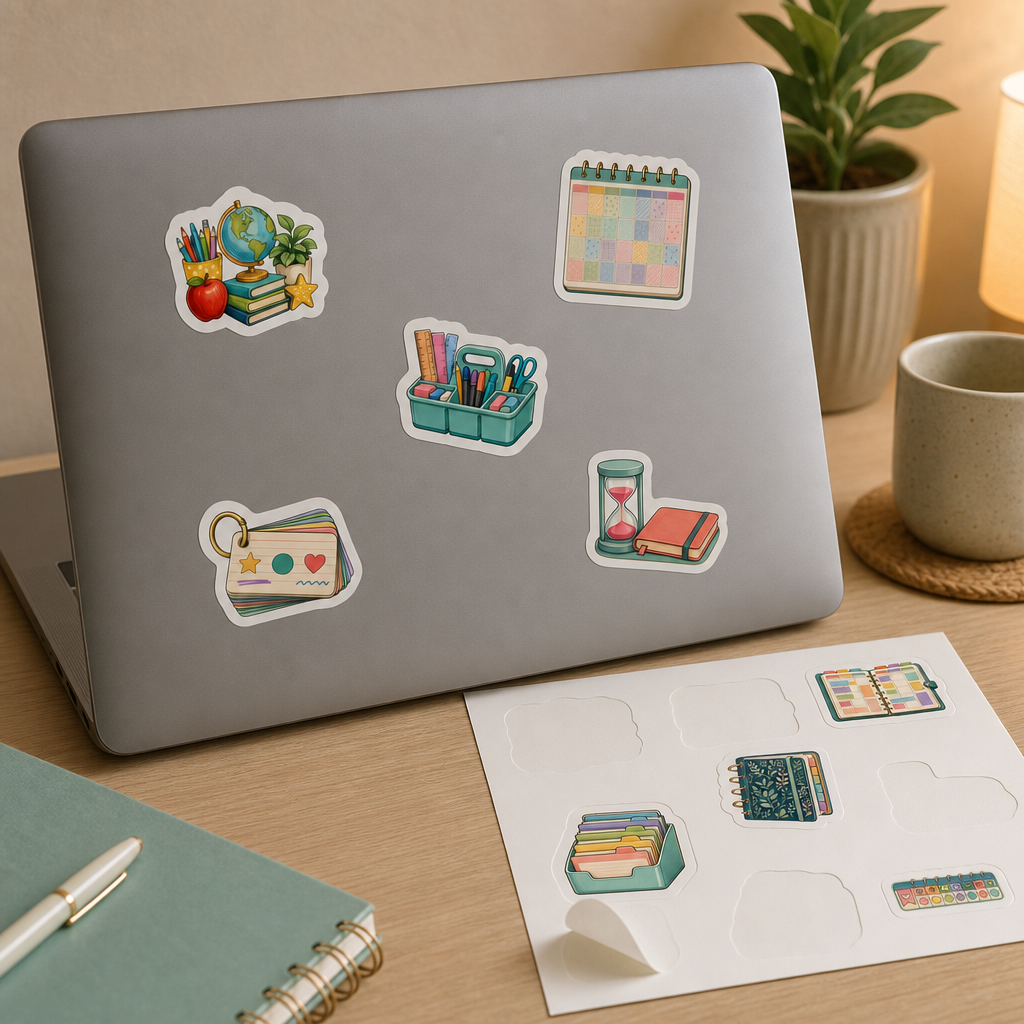 Teacher Planner Sticker Sheets Teacher Planner Sticker Sheets - Sheet 01 - Teacher Classroom Essentials stickers applied to a laptop lid on a study desk