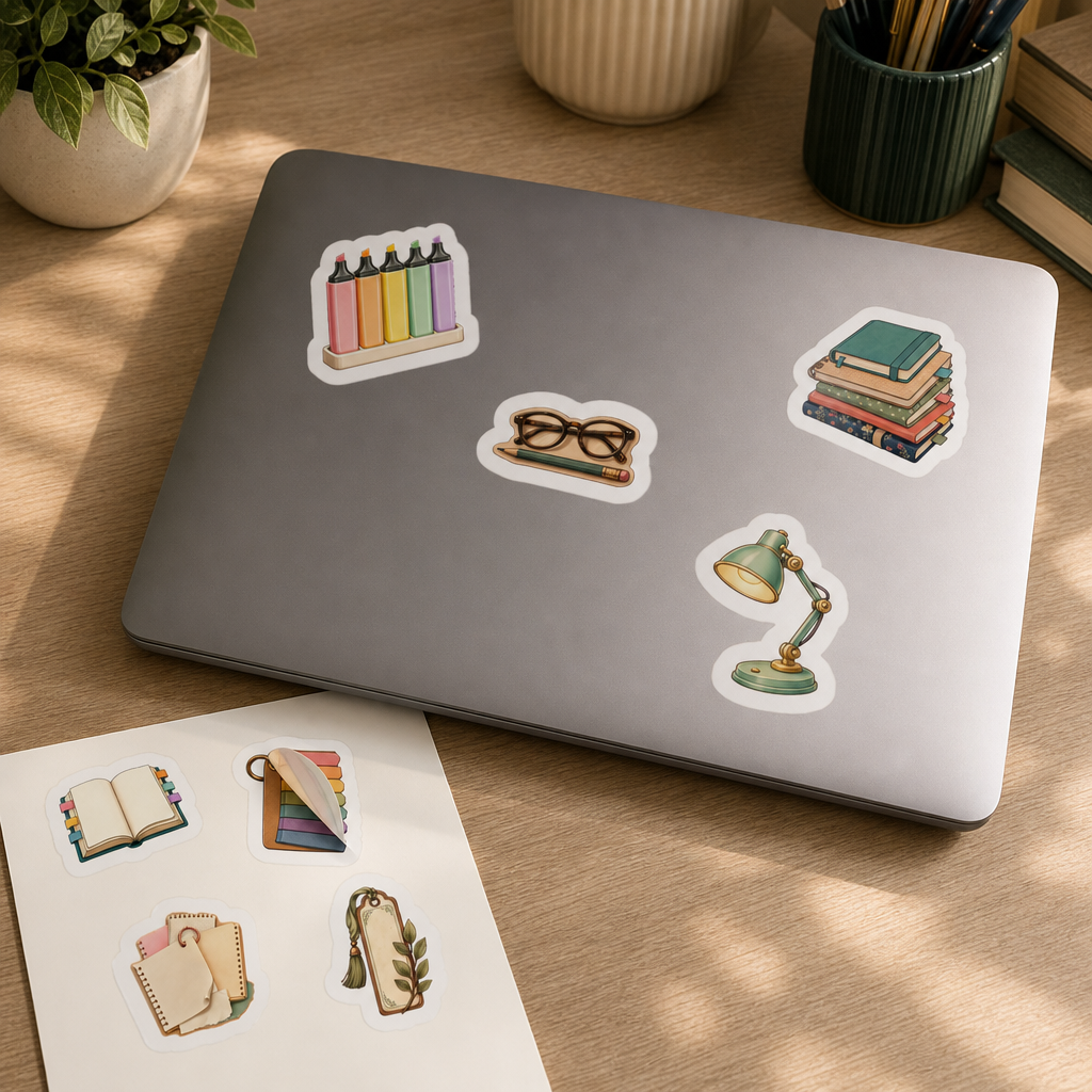 Bookish Reading Sticker Sheets Bookish Reading Sticker Sheets - Sheet 07 - Annotated Reads stickers applied to a laptop lid on a study desk