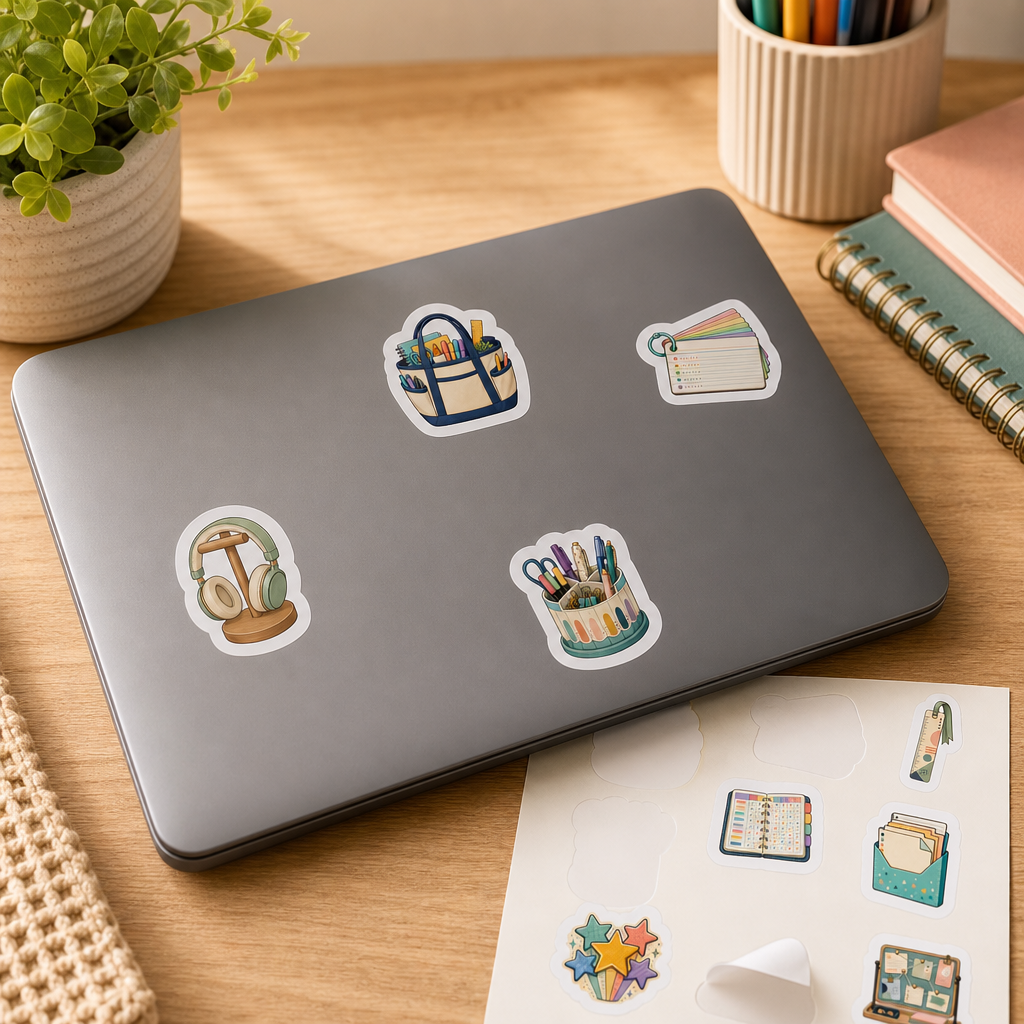 Teacher Planner Sticker Sheets Teacher Planner Sticker Sheets - Sheet 02 - Weekly Planner Spread stickers applied to a laptop lid on a study desk