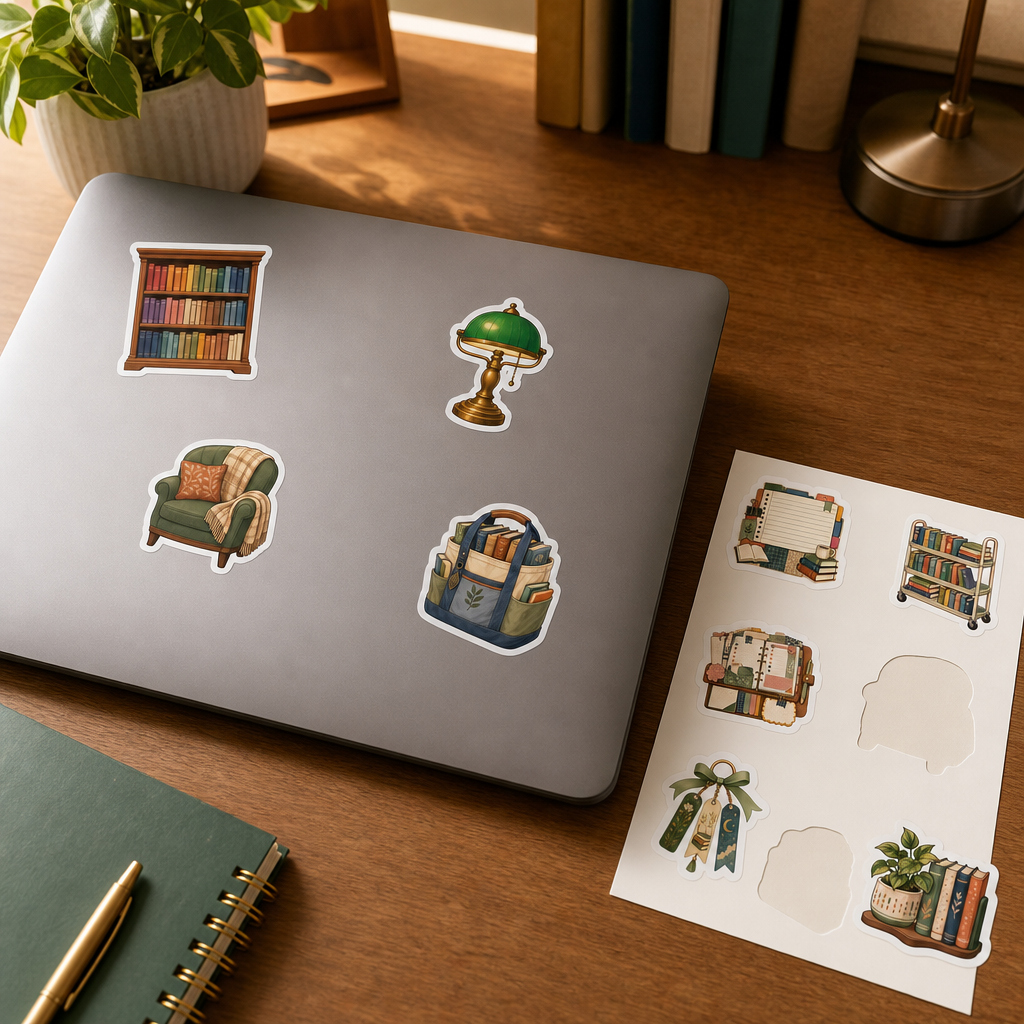 Bookish Reading Sticker Sheets Bookish Reading Sticker Sheets - Sheet 05 - Library Day stickers applied to a laptop lid on a study desk