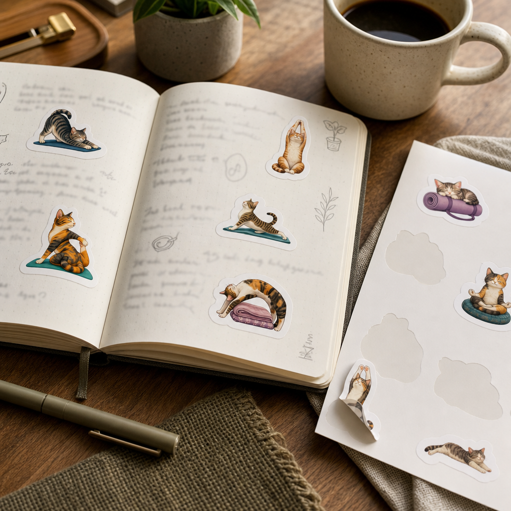 Cat Lover Sticker Sheets Cat Lover Sticker Sheets - Sheet 05 - Cat Yoga Stretches stickers decorating a handwritten journal spread