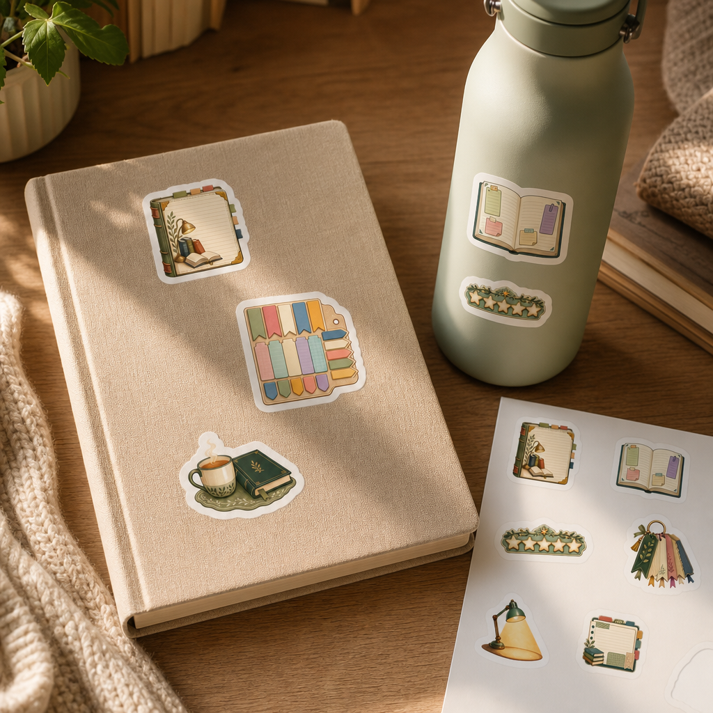 Bookish Reading Sticker Sheets Bookish Reading Sticker Sheets - Sheet 09 - Reading Journal stickers styling a journal cover and water bottle