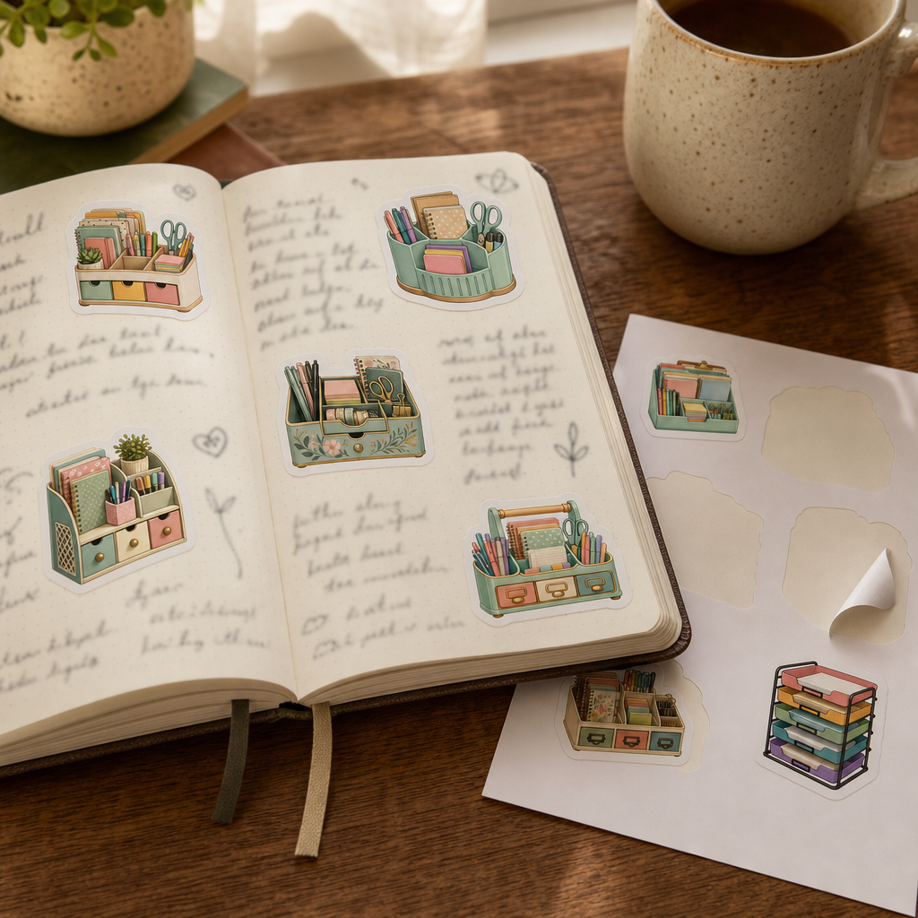 Teacher Planner Sticker Sheets Teacher Planner Sticker Sheets - Sheet 10 - Desk Organization stickers decorating a handwritten journal spread