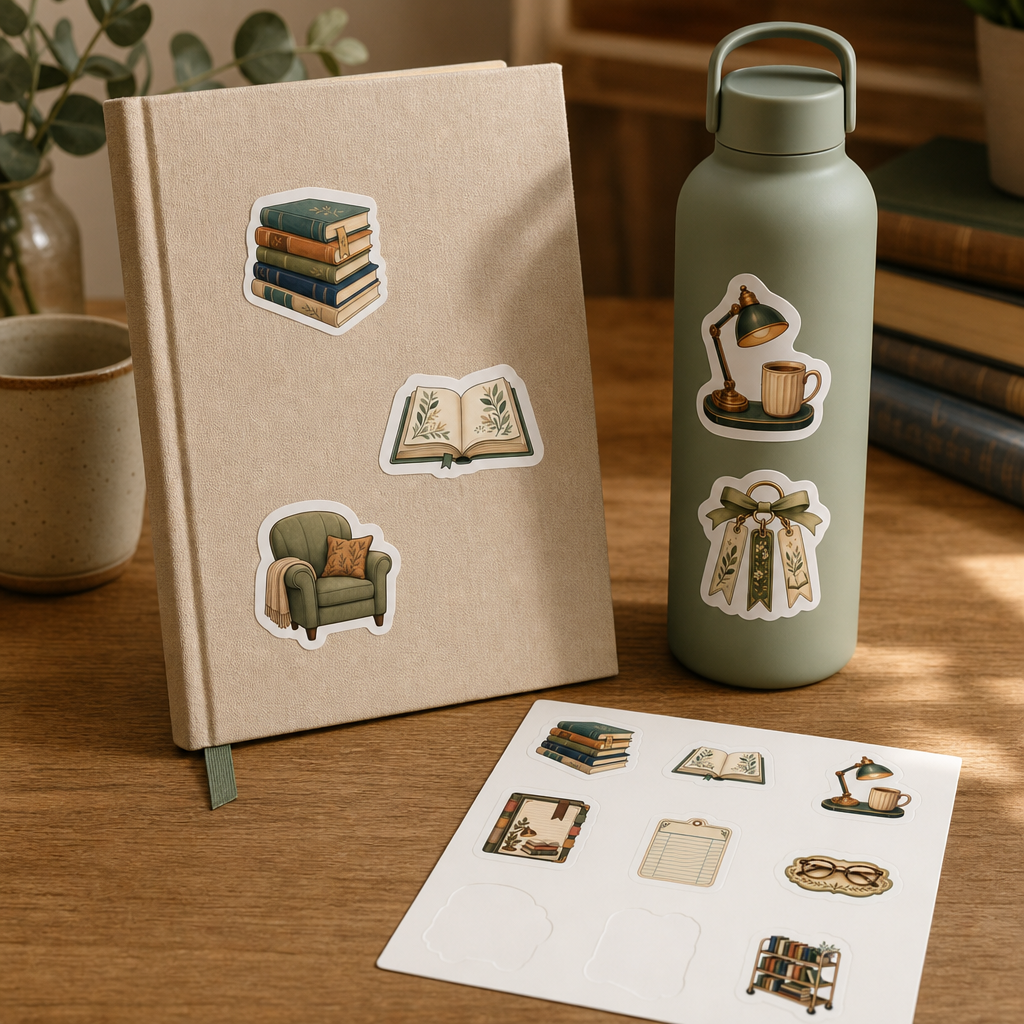 Bookish Reading Sticker Sheets Bookish Reading Sticker Sheets - Sheet 02 - Bookish Reading stickers styling a journal cover and water bottle