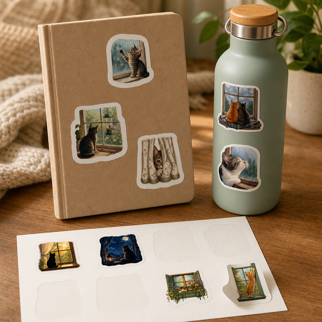 Cat Lover Sticker Sheets Cat Lover Sticker Sheets - Sheet 09 - Window Watching Cats stickers styling a journal cover and water bottle
