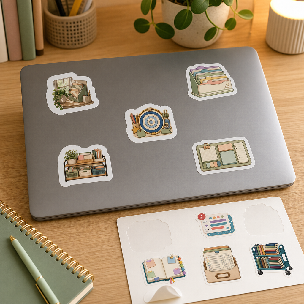 Teacher Planner Sticker Sheets Teacher Planner Sticker Sheets - Sheet 03 - Habit Tracker Icons stickers applied to a laptop lid on a study desk