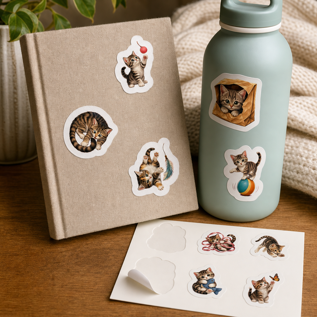 Cat Lover Sticker Sheets Cat Lover Sticker Sheets - Sheet 02 - Playful Kittens stickers styling a journal cover and water bottle