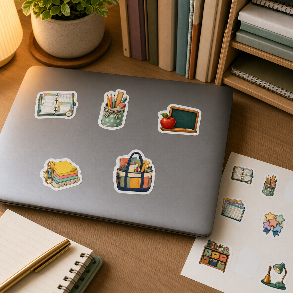 Bookish Reading Sticker Sheets Bookish Reading Sticker Sheets - Sheet 01 - Teacher Planner stickers applied to a laptop lid on a study desk