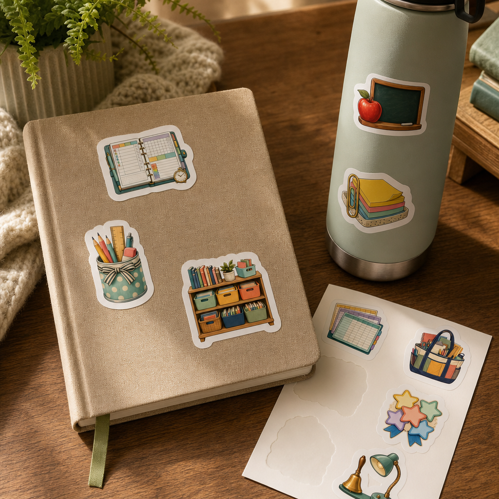 Bookish Reading Sticker Sheets Bookish Reading Sticker Sheets - Sheet 01 - Teacher Planner stickers styling a journal cover and water bottle