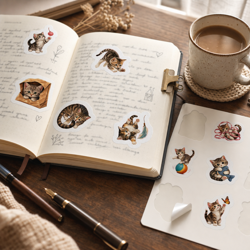 Cat Lover Sticker Sheets Cat Lover Sticker Sheets - Sheet 02 - Playful Kittens stickers decorating a handwritten journal spread