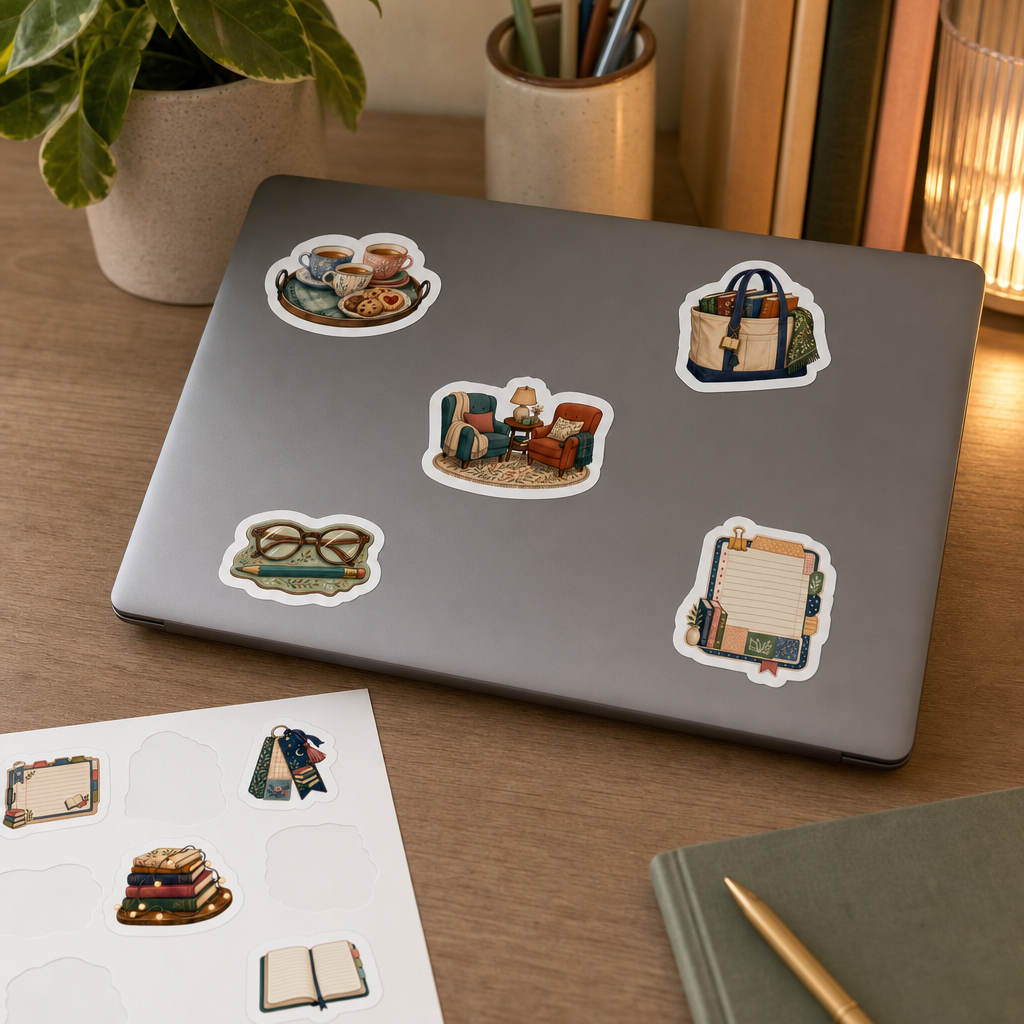 Bookish Reading Sticker Sheets Bookish Reading Sticker Sheets - Sheet 10 - Book Club Night stickers applied to a laptop lid on a study desk