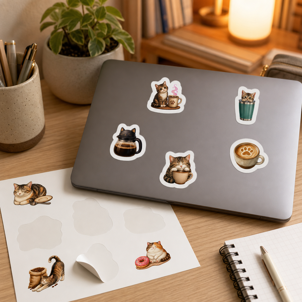 Cat Lover Sticker Sheets Cat Lover Sticker Sheets - Sheet 03 - Cat Coffee Break stickers applied to a laptop lid on a study desk
