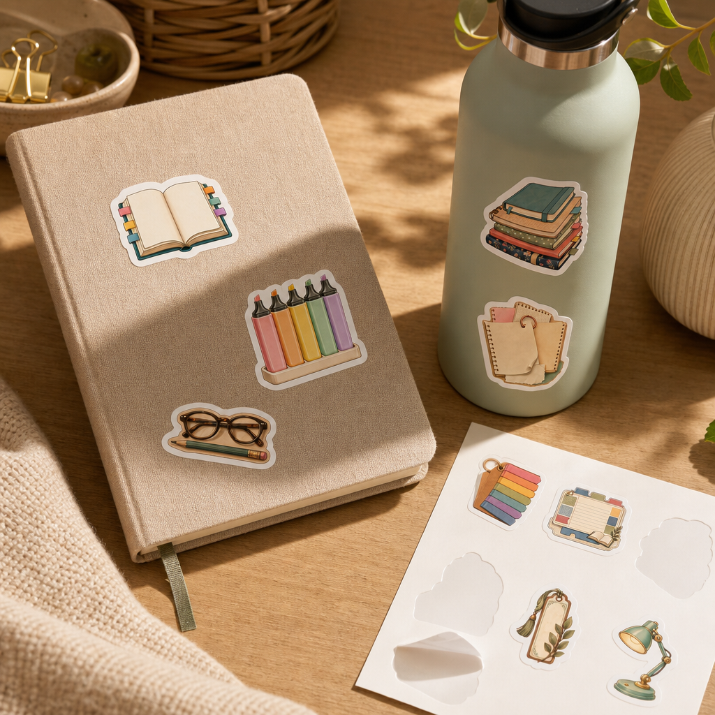 Bookish Reading Sticker Sheets Bookish Reading Sticker Sheets - Sheet 07 - Annotated Reads stickers styling a journal cover and water bottle