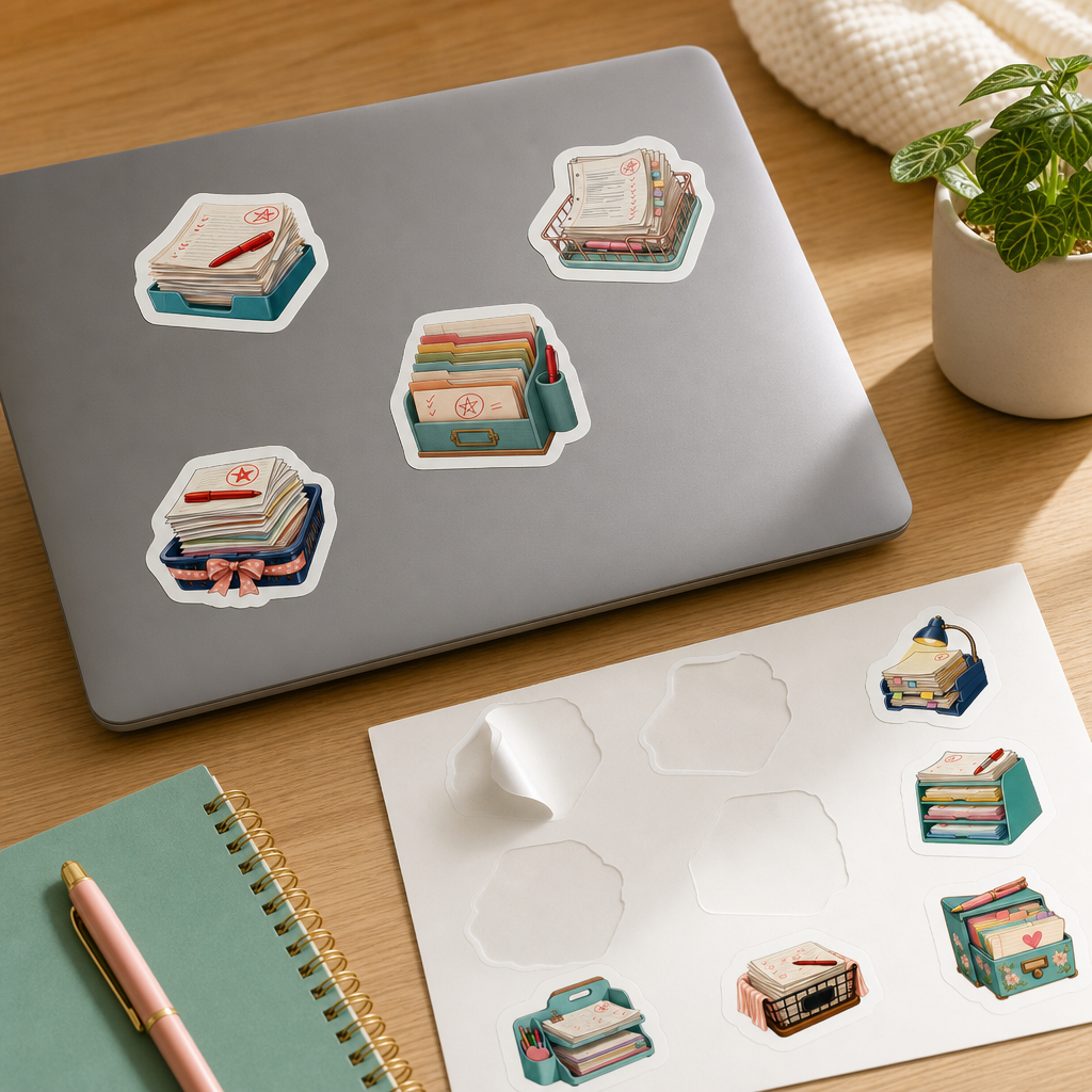 Teacher Planner Sticker Sheets Teacher Planner Sticker Sheets - Sheet 05 - Grading Day stickers applied to a laptop lid on a study desk