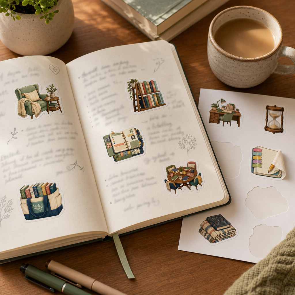 Teacher Planner Sticker Sheets Teacher Planner Sticker Sheets - Sheet 04 - Study Session Desk stickers decorating a handwritten journal spread