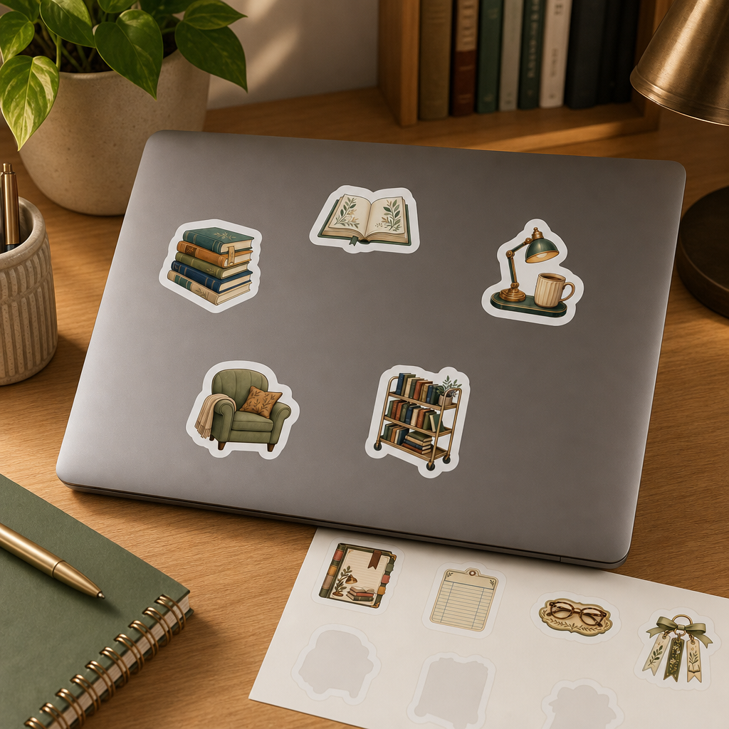 Bookish Reading Sticker Sheets Bookish Reading Sticker Sheets - Sheet 02 - Bookish Reading stickers applied to a laptop lid on a study desk