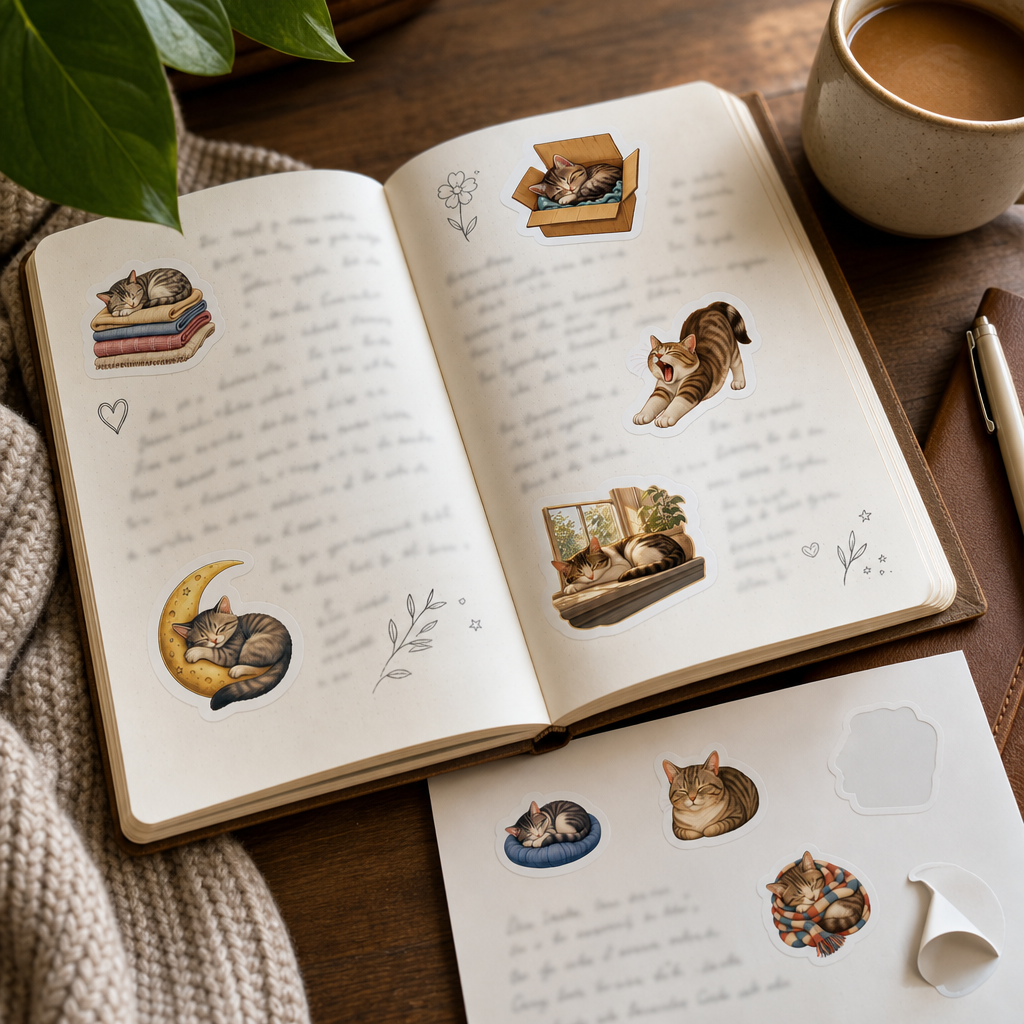 Cat Lover Sticker Sheets Cat Lover Sticker Sheets - Sheet 01 - Cozy Napping Cats stickers decorating a handwritten journal spread