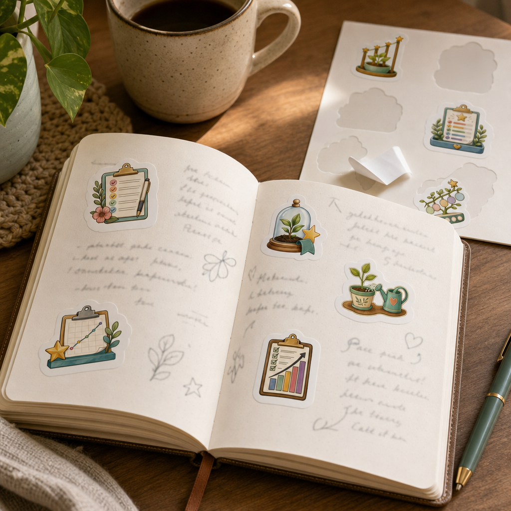 Teacher Planner Sticker Sheets Teacher Planner Sticker Sheets - Sheet 09 - Goal Tracking stickers decorating a handwritten journal spread