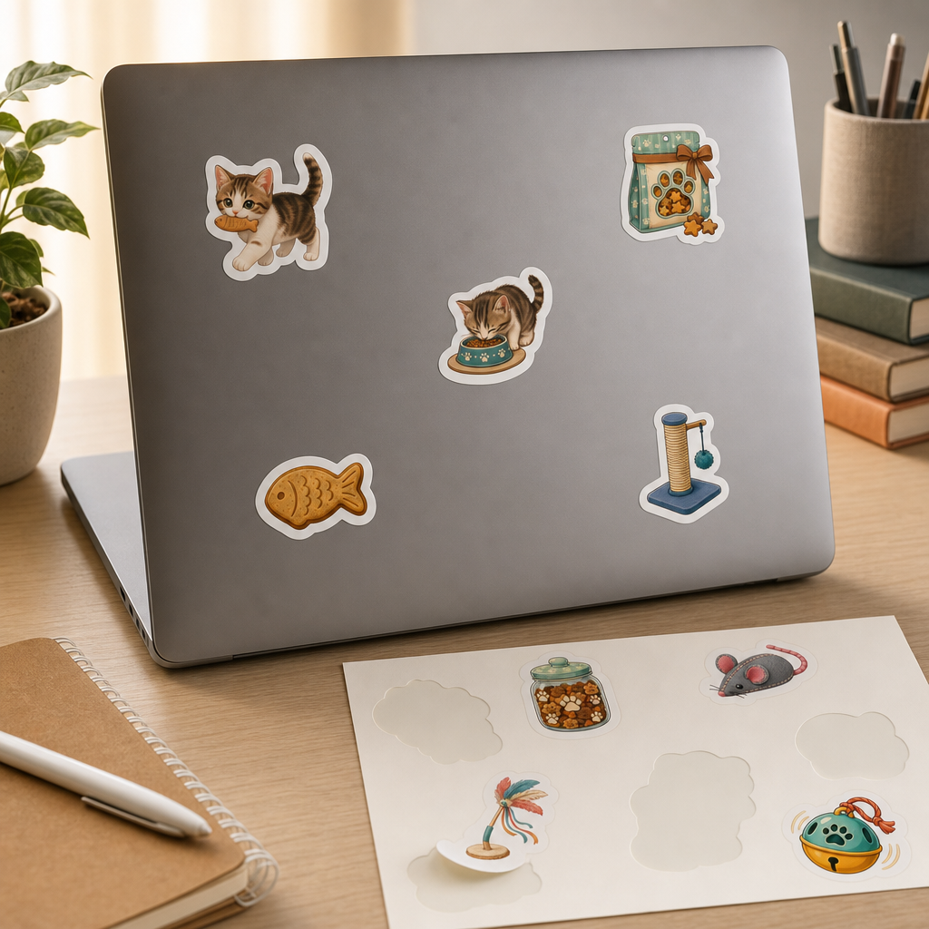 Cat Lover Sticker Sheets Cat Lover Sticker Sheets - Sheet 10 - Cat Treats And Toys stickers applied to a laptop lid on a study desk
