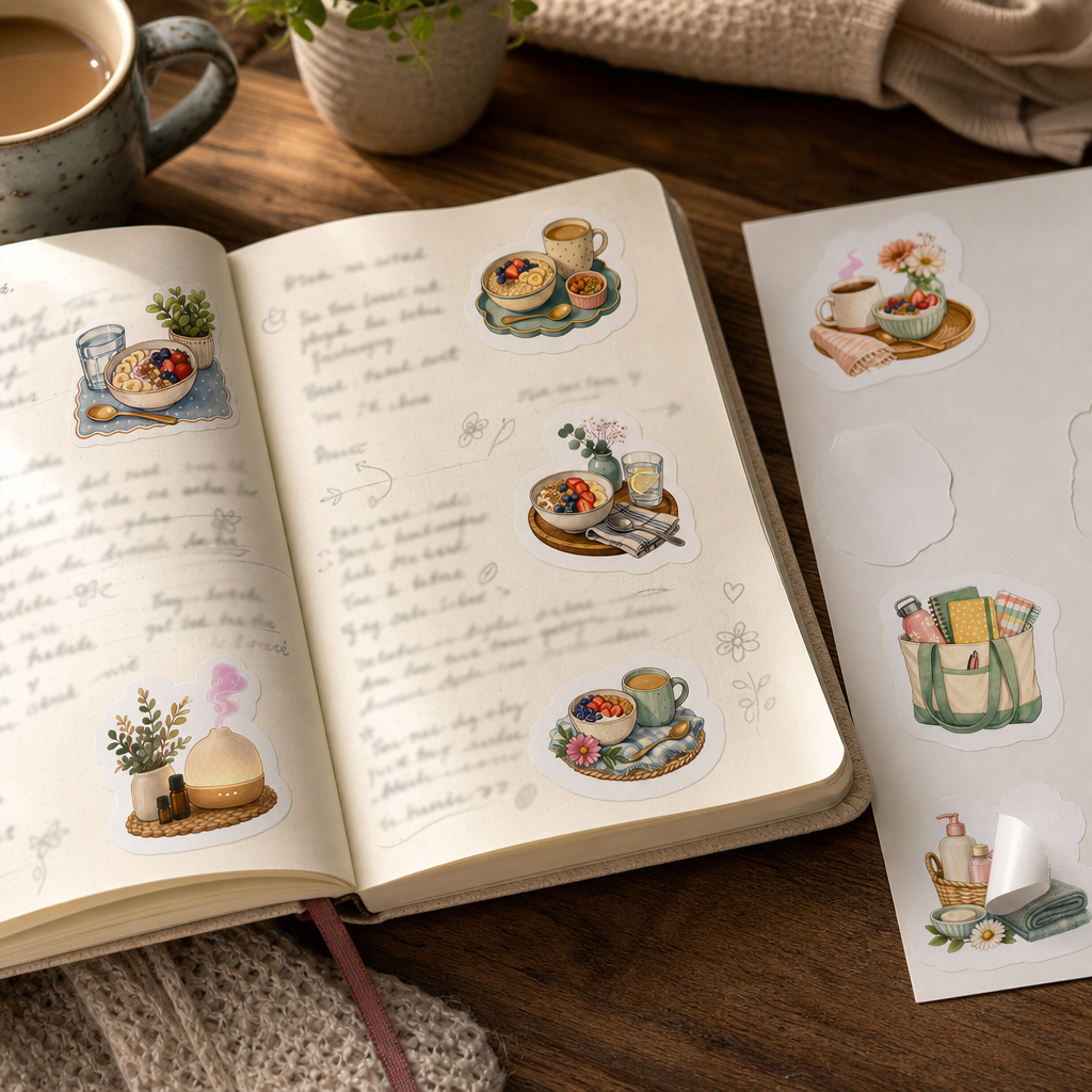 Teacher Planner Sticker Sheets Teacher Planner Sticker Sheets - Sheet 06 - Morning Routine stickers decorating a handwritten journal spread