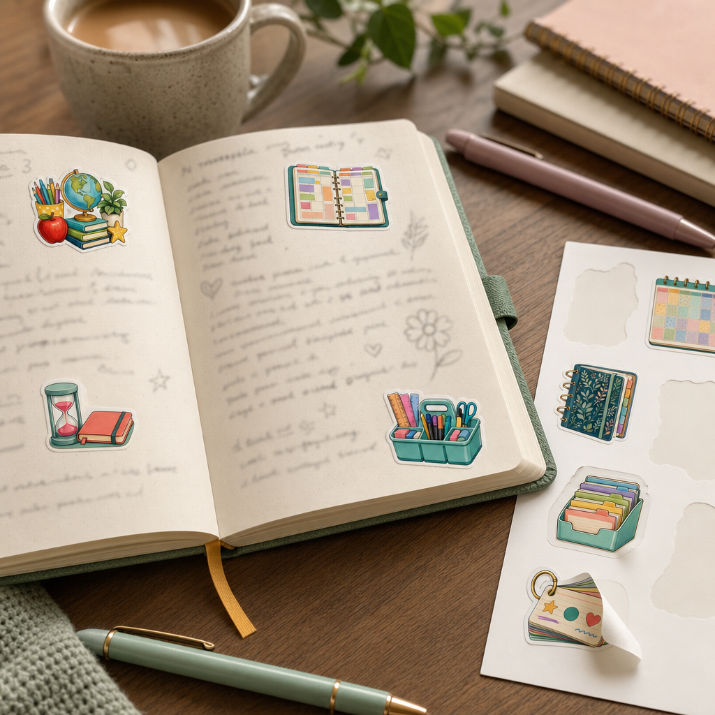 Teacher Planner Sticker Sheets Teacher Planner Sticker Sheets - Sheet 01 - Teacher Classroom Essentials stickers decorating a handwritten journal spread