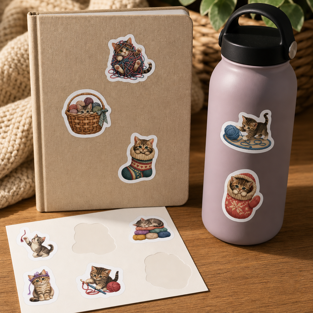 Cat Lover Sticker Sheets Cat Lover Sticker Sheets - Sheet 08 - Yarn And Mischief stickers styling a journal cover and water bottle
