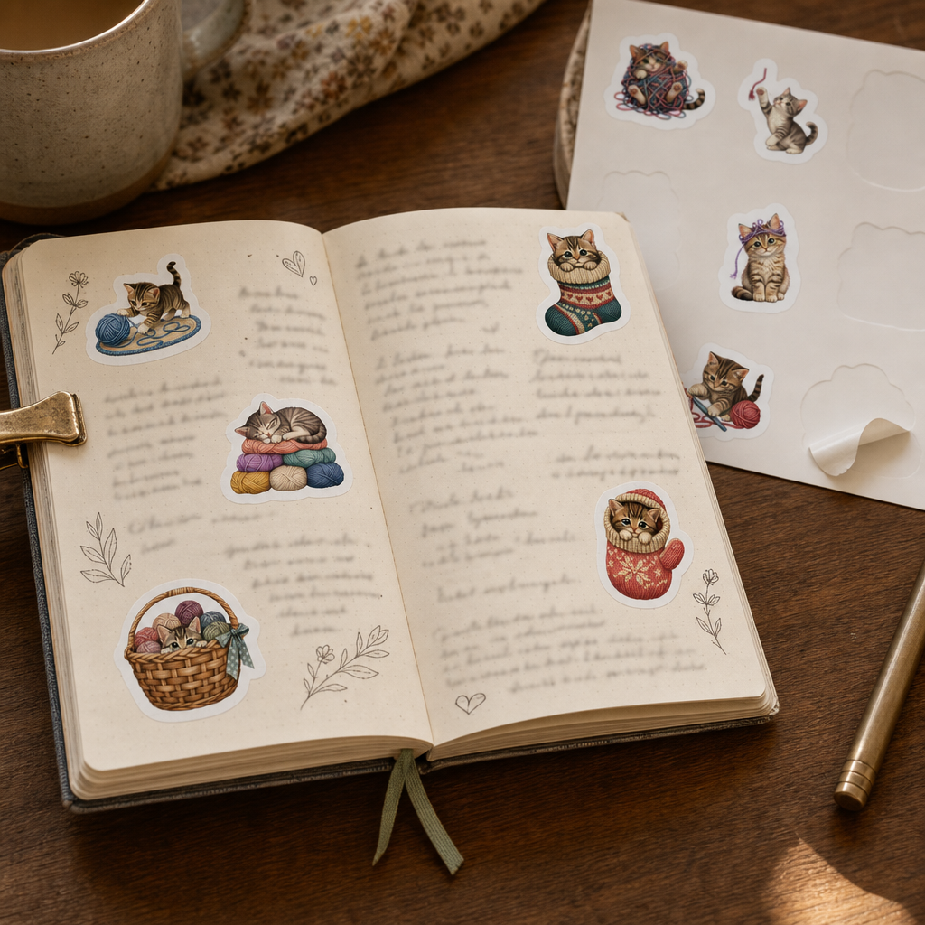 Cat Lover Sticker Sheets Cat Lover Sticker Sheets - Sheet 08 - Yarn And Mischief stickers decorating a handwritten journal spread