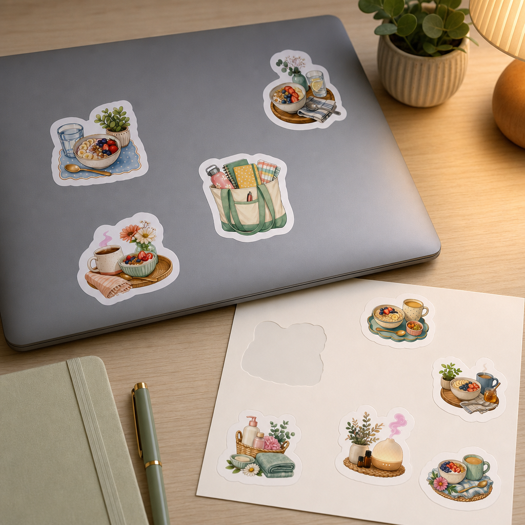 Teacher Planner Sticker Sheets Teacher Planner Sticker Sheets - Sheet 06 - Morning Routine stickers applied to a laptop lid on a study desk