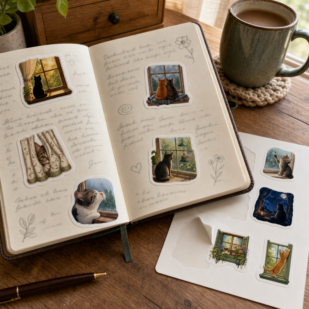Cat Lover Sticker Sheets Cat Lover Sticker Sheets - Sheet 09 - Window Watching Cats stickers decorating a handwritten journal spread