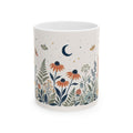 Moonlit Botanical Ceramic Mug front view with original wildflower and crescent moon wrap artwork