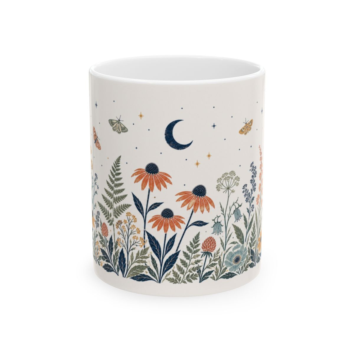 Moonlit Botanical Ceramic Mug front view with original wildflower and crescent moon wrap artwork
